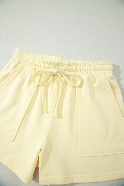 Yellow Cream Solid Color Tee Drawstring Shorts Comfy 2pcs Set
