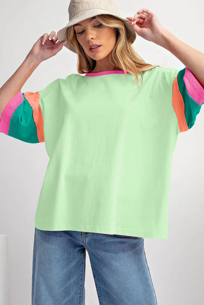 Green Color Block Stitching Sleeve Round Neck Oversize Top - Chic Meadow Boutique 