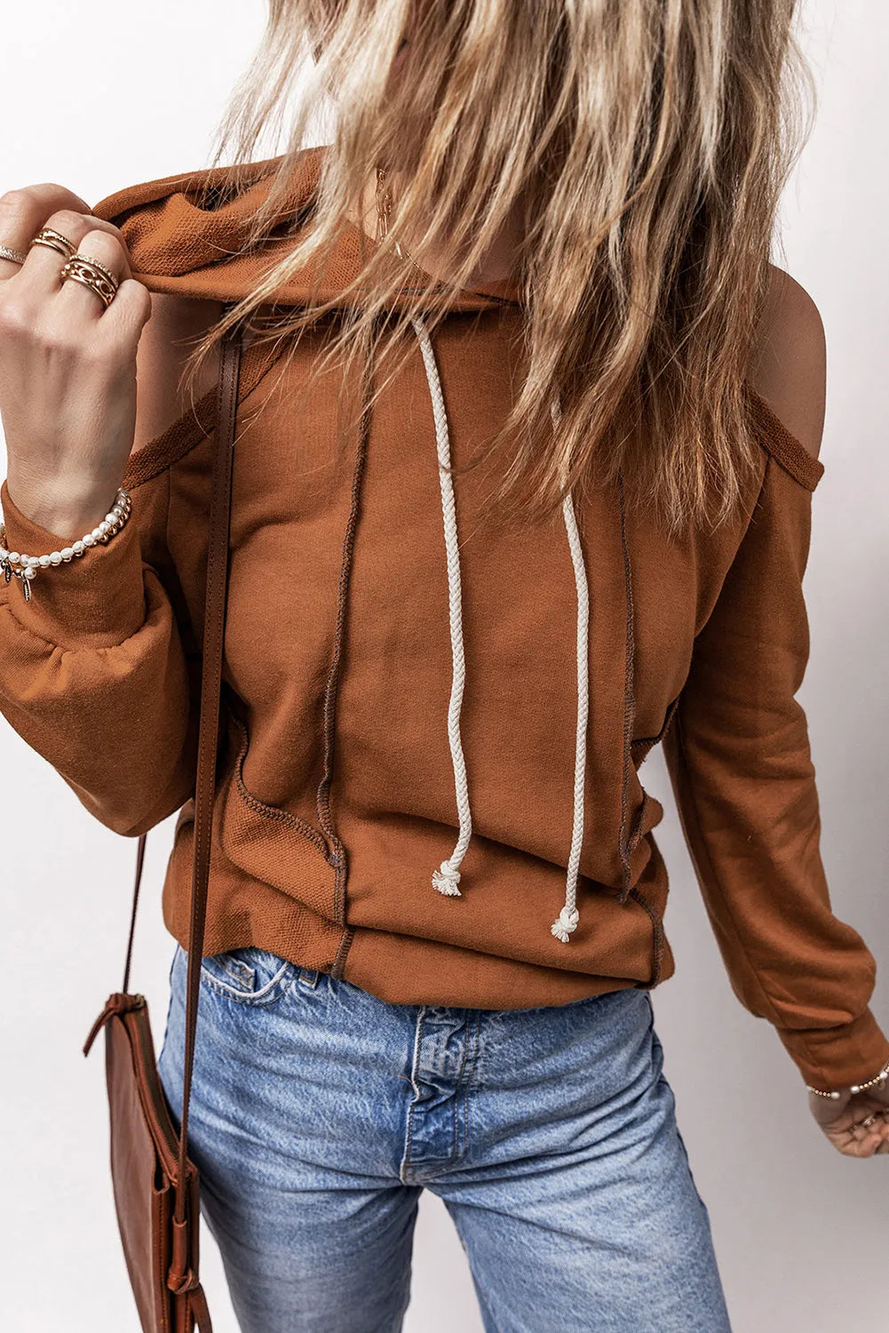 Cinnamon Exposed Seam Cold Shoulder Drawstring Hoodie - Chic Meadow Boutique 