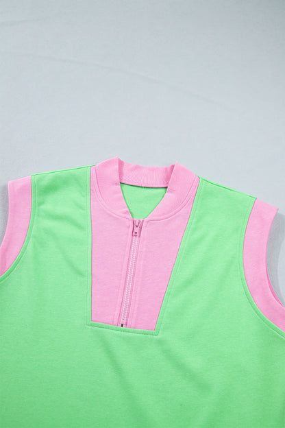 Green Color Block Accent Half Zip Top Athleisure Shorts Set