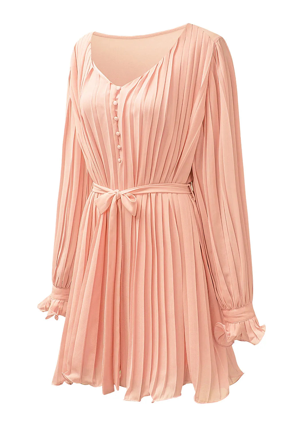 Pink Pleated Ruffled Tie Waist Buttons V Neck Romper - Chic Meadow Boutique 