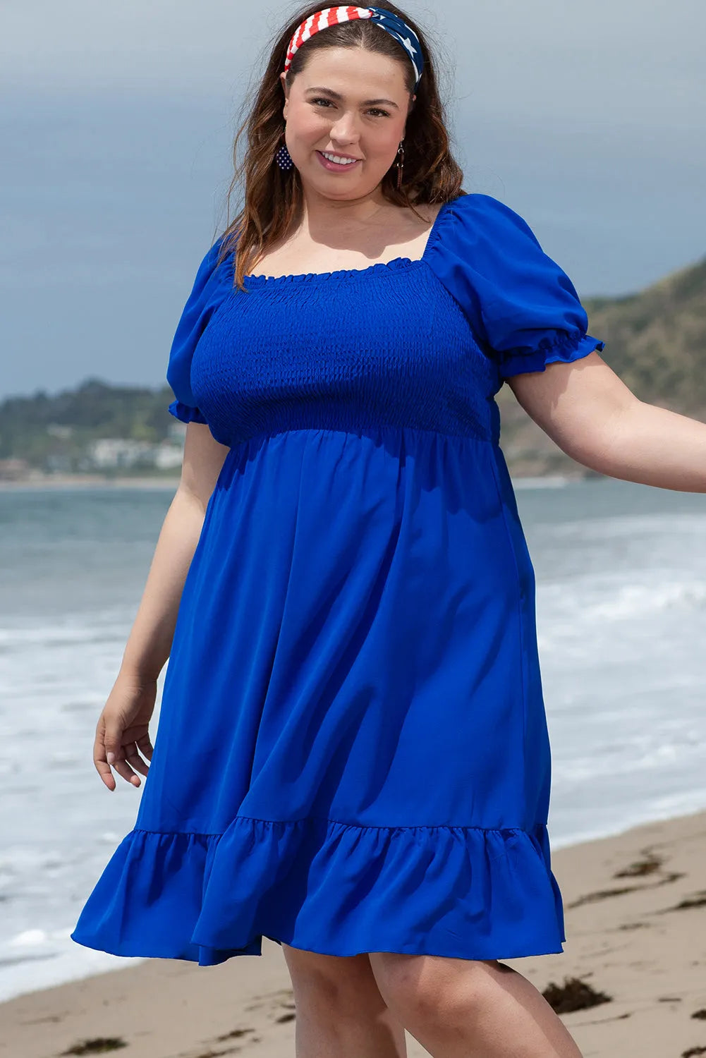 Dark Blue Shirred Ruffled Square Neck Plus Size Mini Dress - Chic Meadow Boutique 