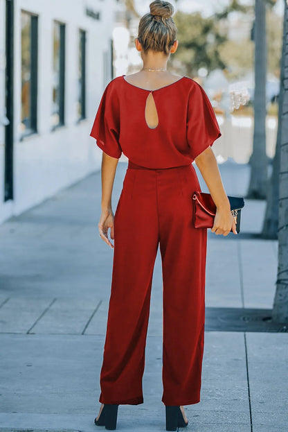 Fiery Red Belted Wide Leg Jumpsuit - Chic Meadow Boutique 