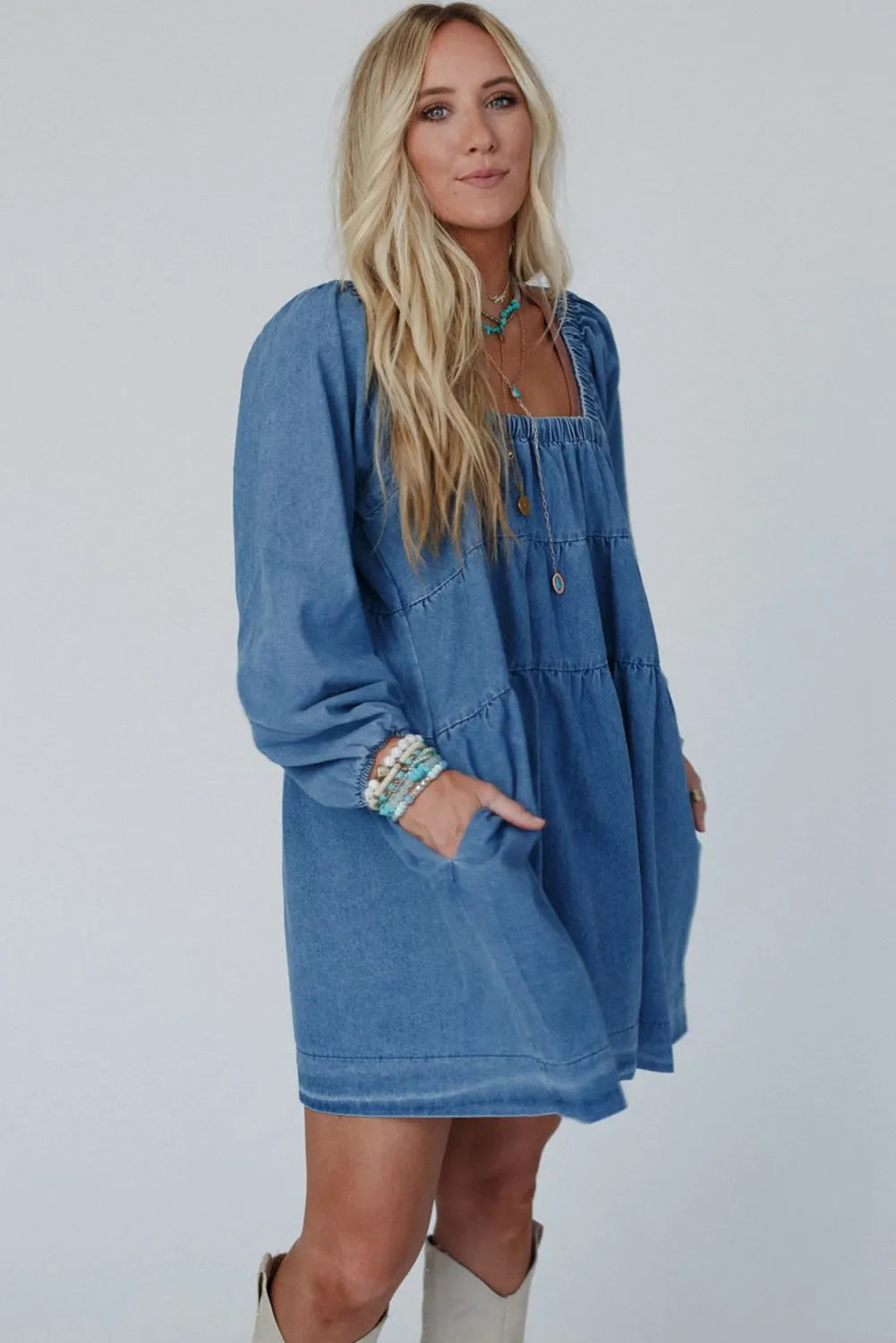 Dusk Blue Square Neck Side Pockets Loose Fit Denim Mini Dress - Chic Meadow Boutique 