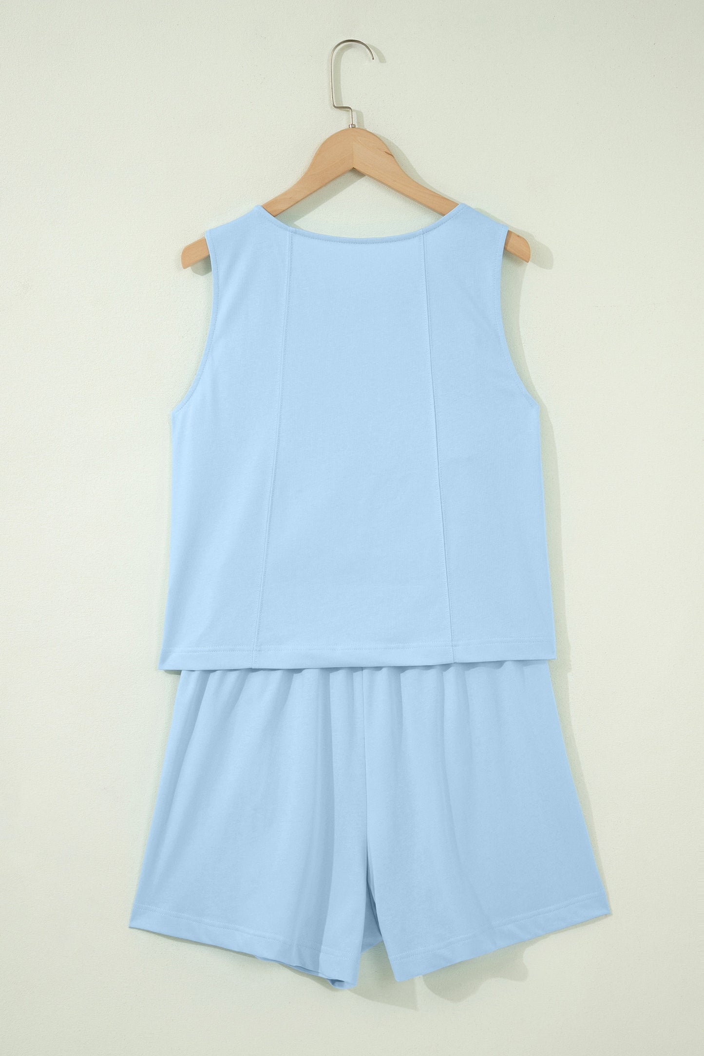 Mist Blue Stitched Detail Loose Tank Top 2pcs Short Set