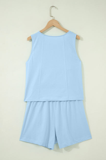 Mist Blue Stitched Detail Loose Tank Top 2pcs Short Set