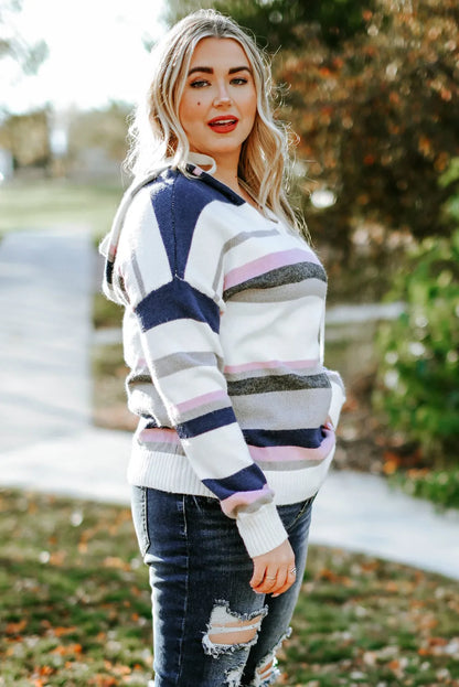 Stripe Plus Size Striped Hooded Knit Sweater - Chic Meadow Boutique 