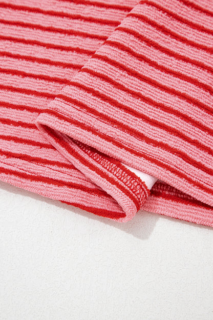 Rose Stripe Crew Neck Tee Drawstring Waist Cropped Pants Set