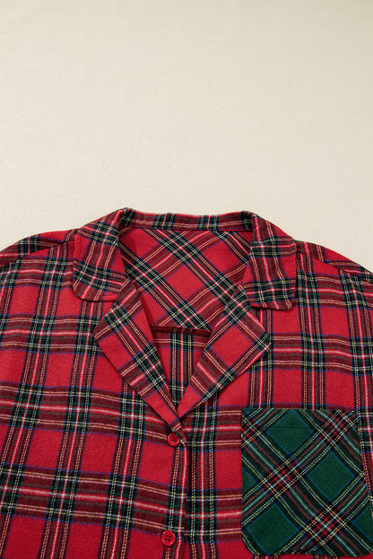 Red Plus Size Plaid Contrast Patchwork Long Sleeve Shirt and Shorts 2pcs Pajama Set