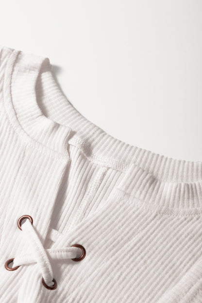 White Ribbed Texture Lace Patchwork Short Sleeve Top