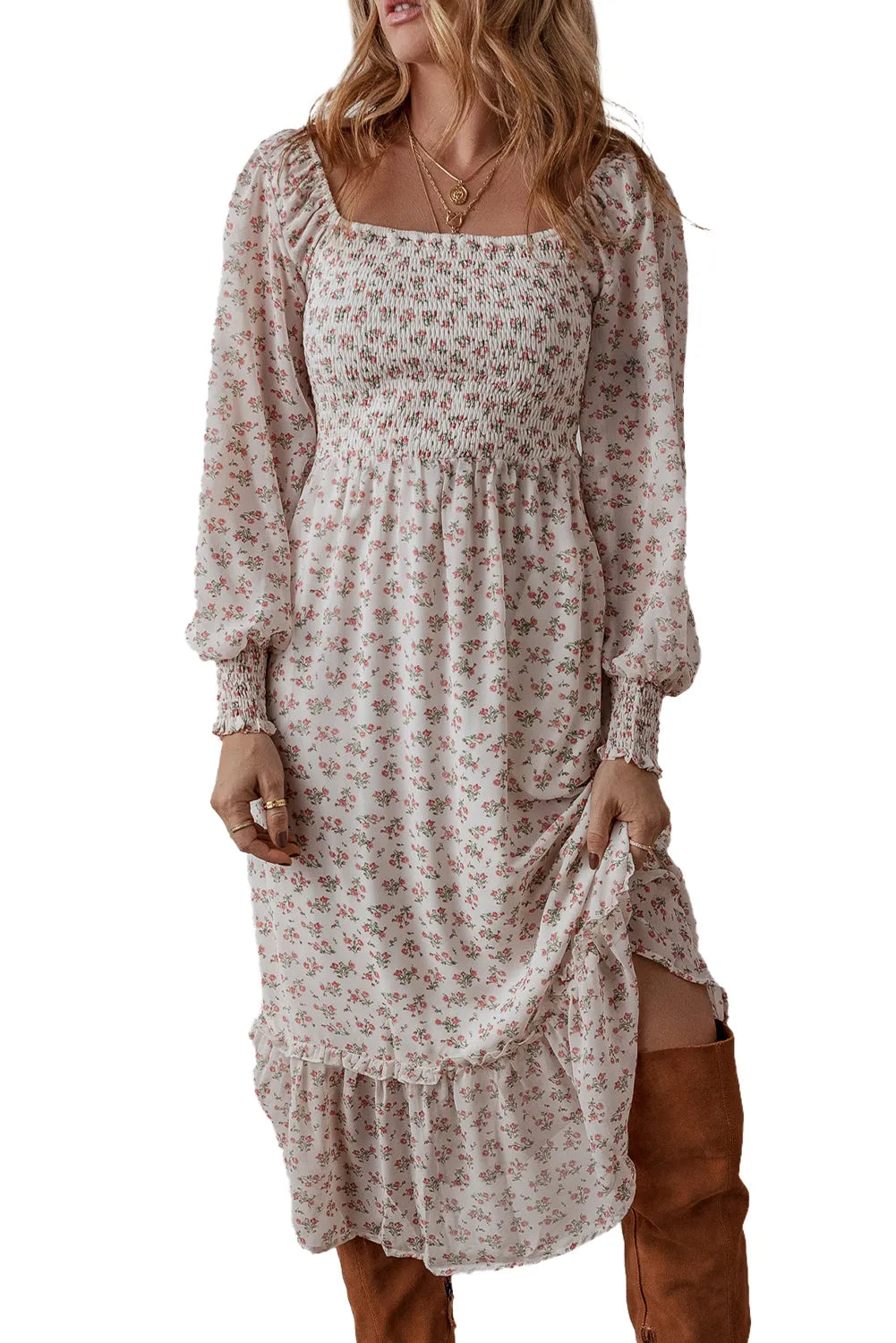 White Floral Print Shirred Ruffled Hem Square Neck Midi Dress - Chic Meadow Boutique 