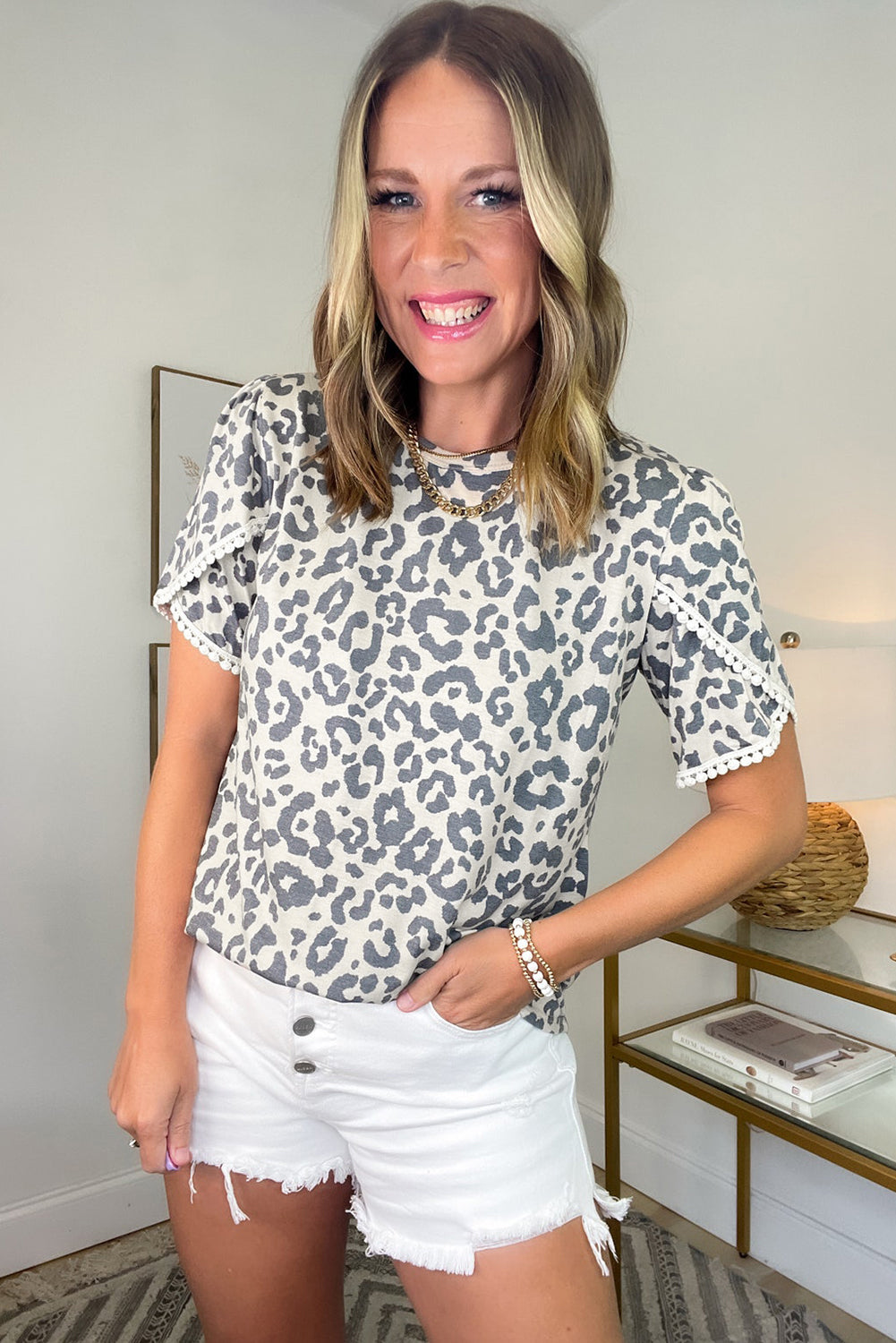 Beige Leopard Round Neck Lace Trim Petal Sleeve T Shirt