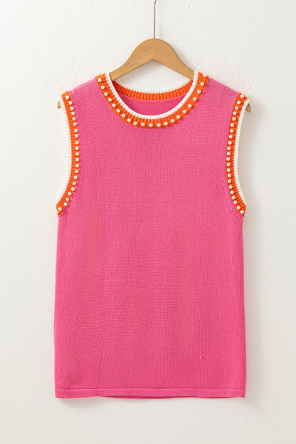 Bright Pink Contrast Trim Pearl Detail Sweater Tank Top