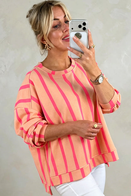 Pink Stripe Dropped Shoulder Round Neck Casual Sweatshirt
