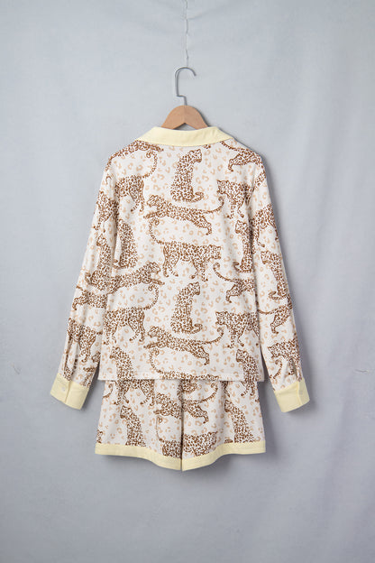 Yellow Leopard Print Colorblock Pocket Placket Long Sleeve Lounge Set