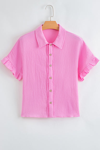 Bonbon Mineral Wash Textured Ruffle Trim Short Sleeve Shirt