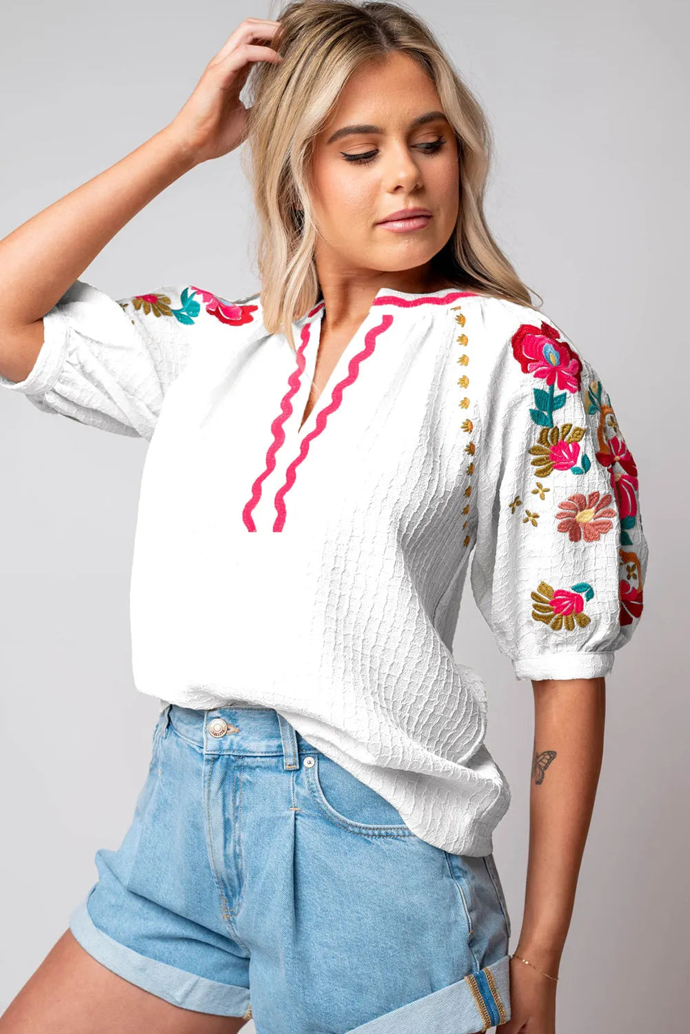 White Floral Embroidered Ricrac Puff Sleeve Textured Blouse - Chic Meadow Boutique 