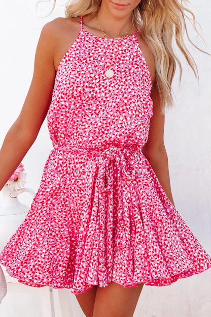 Pink Leopard Print Sleeveless Mini Dress with Waist Tie - Chic Meadow Boutique 