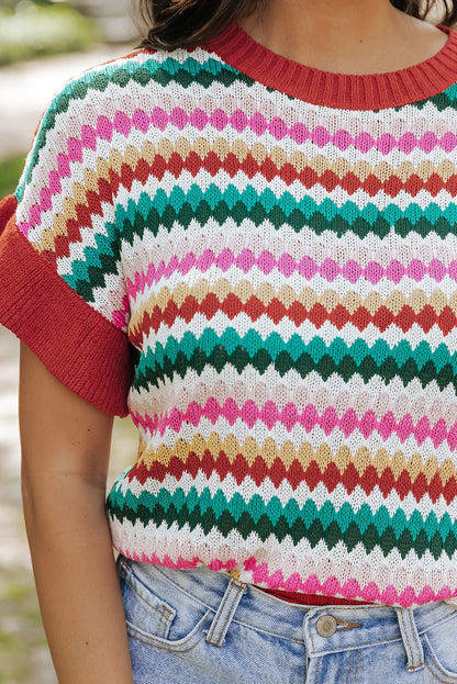 Fiery Red Trimmed Ruffle Sleeve Colorful Textured Sweater - Chic Meadow Boutique 