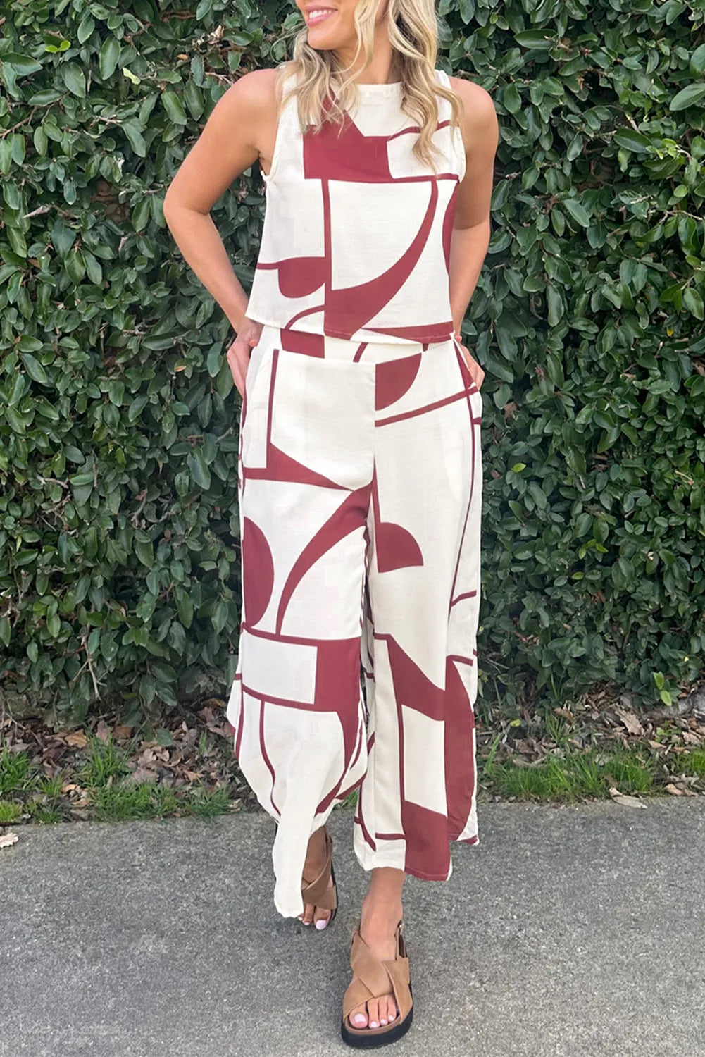 White Abstract Printed Button Back Vest and Wide Leg Pants Set - Chic Meadow Boutique 