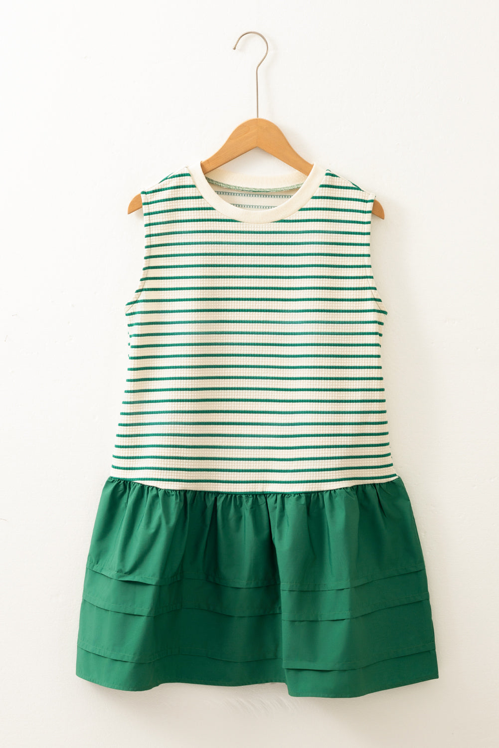 Green Stripe Woven Ruffled Sleeveless Mini Dress