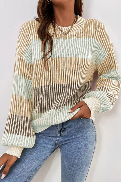 Brown Colorblock Textured Knit Bubble Sleeve Sweater - Chic Meadow Boutique 