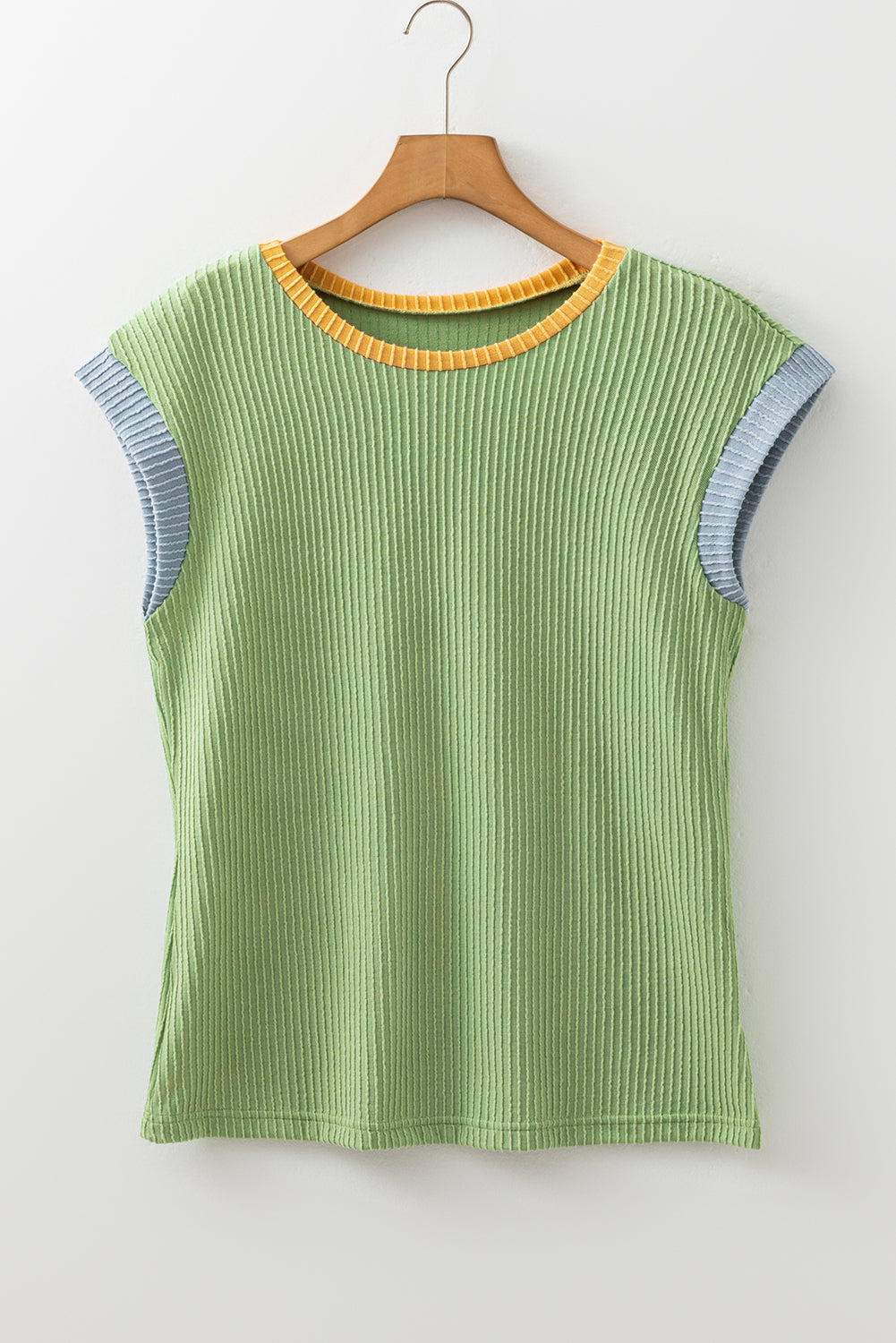 Grass Green Color Block Corded Knit Crew Neck Tee