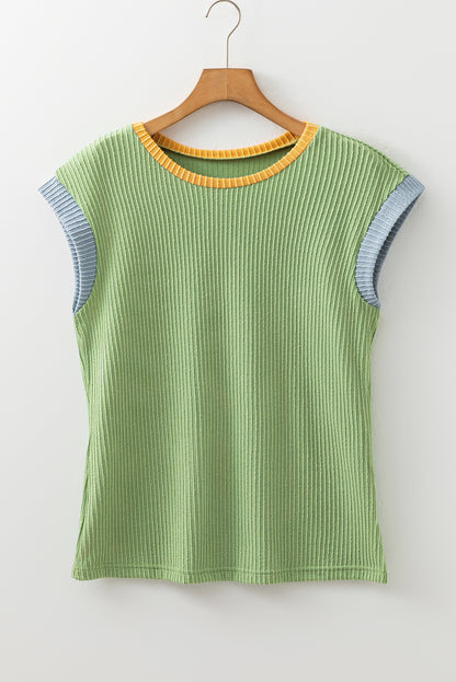 Grass Green Color Block Corded Knit Crew Neck Tee