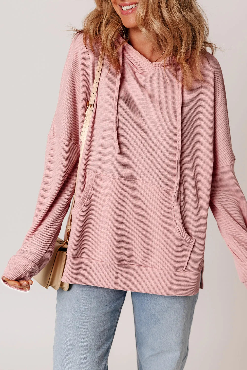 Light Pink Waffle Knit Fleece Lined High Low Oversized Hoodie - Chic Meadow Boutique 