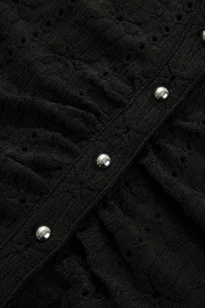 Black V Neck Floral Knit Long Sleeve Button Front Fit Blouse