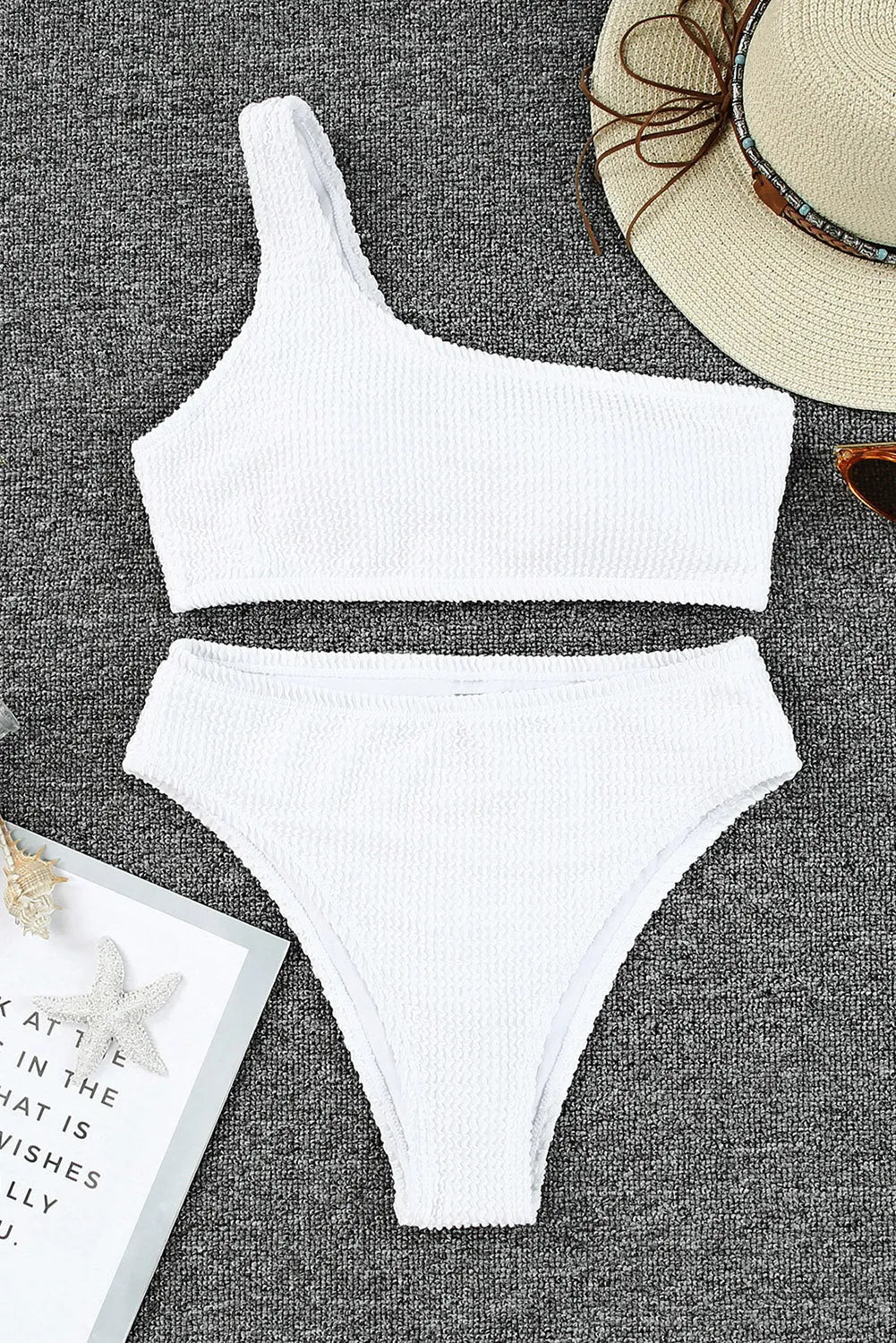 White Crinkle Textured Asymmetric One Shoulder Bikini Swimsuit - Chic Meadow Boutique 