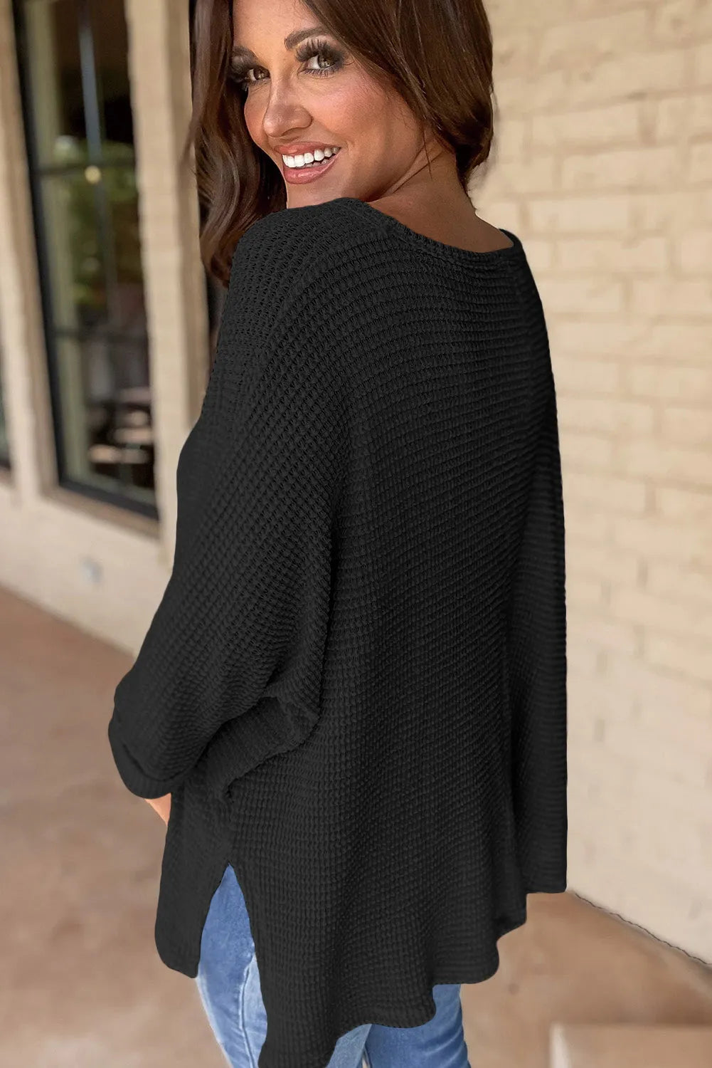 Black Waffle Knit Side Slits Loose Fit V Neck Top - Chic Meadow Boutique 