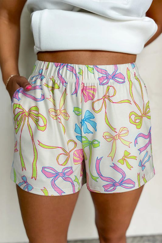 White Cheerful Bow Print Elastic Pull On Casual Shorts