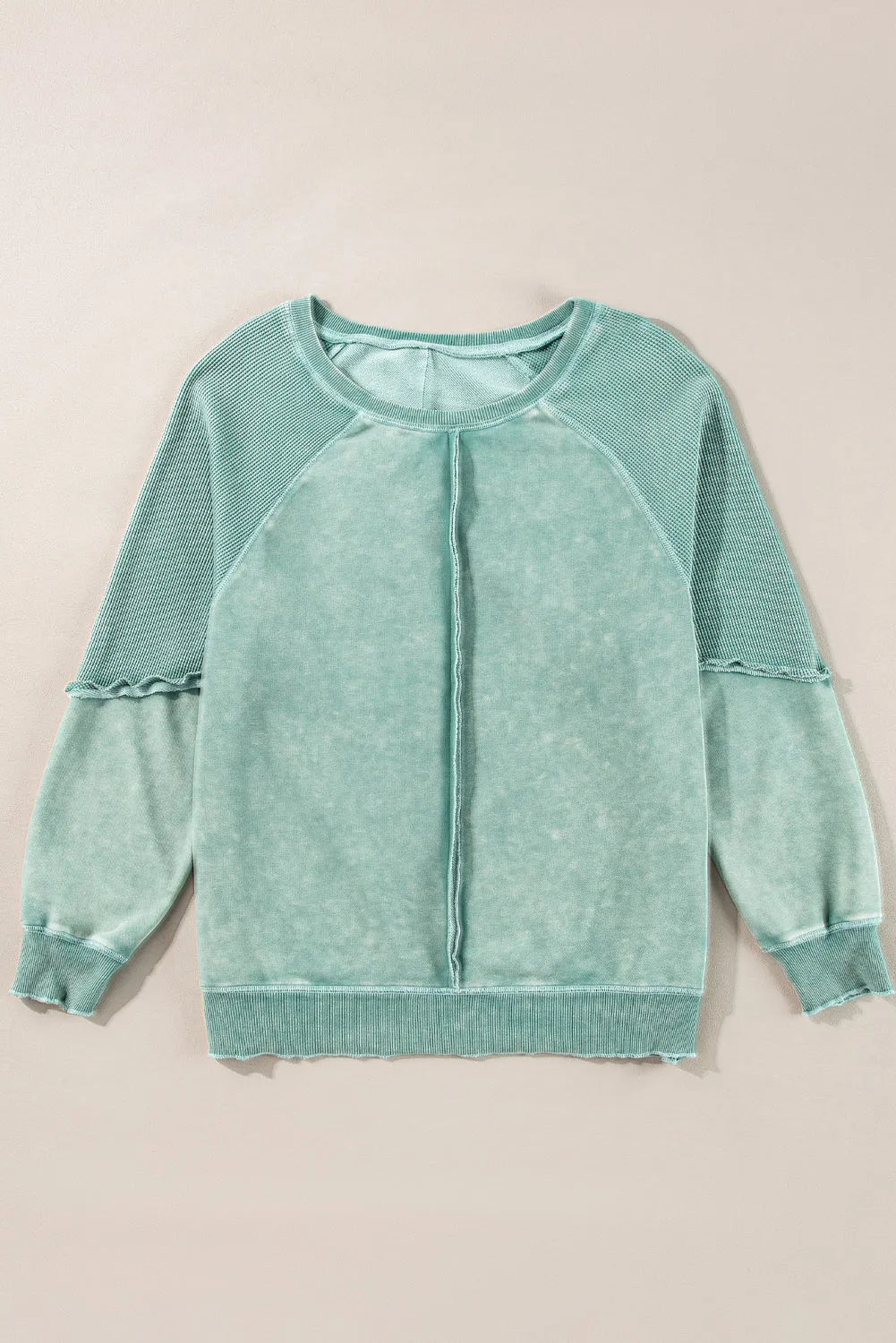 Tops/Sweatshirts & Hoodies Mineral Blue Solid Waffle Knit Patchwork Raglan Sleeve Sweatshirt