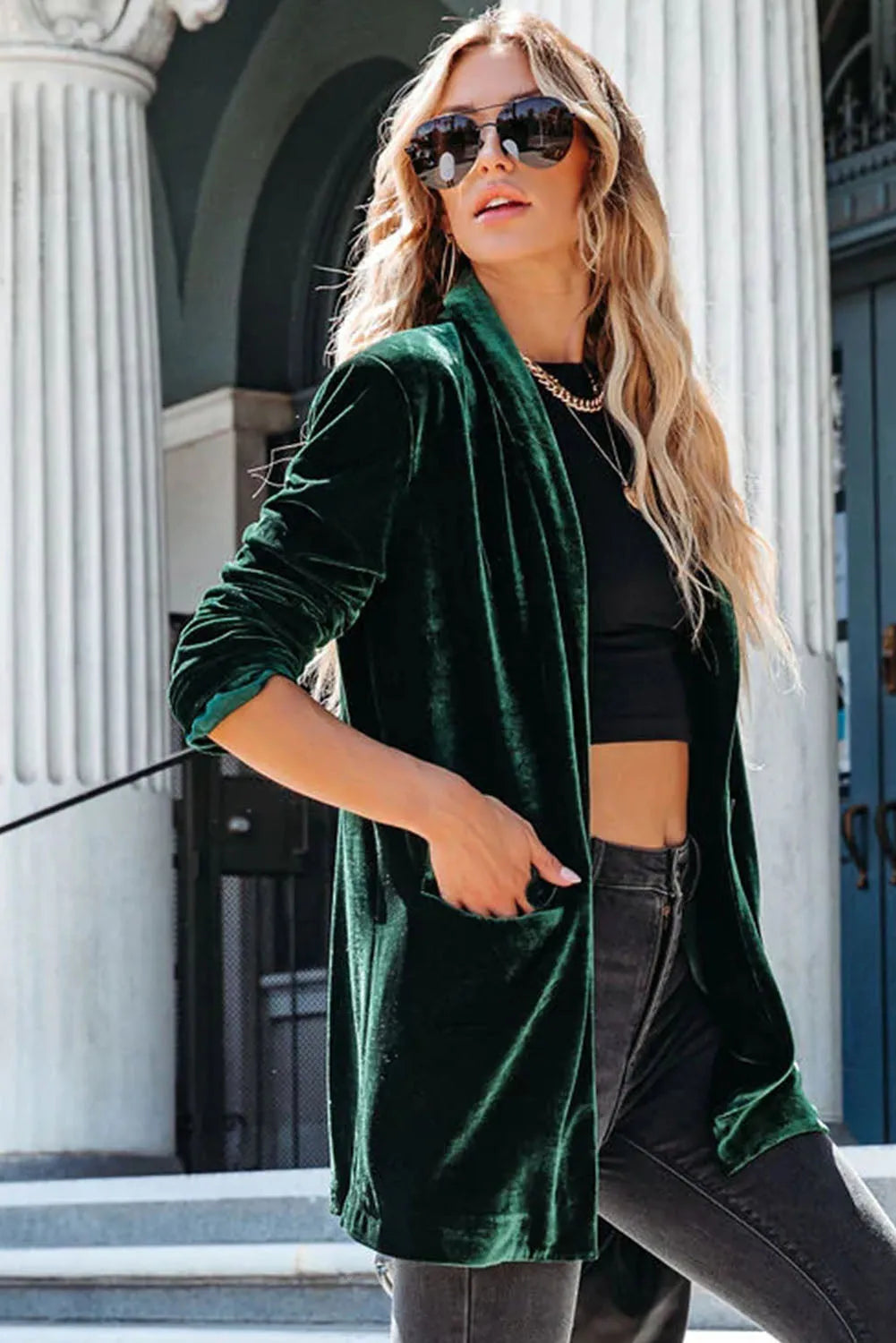 Green Casual Pocketed Velvet Blazer - Chic Meadow Boutique 