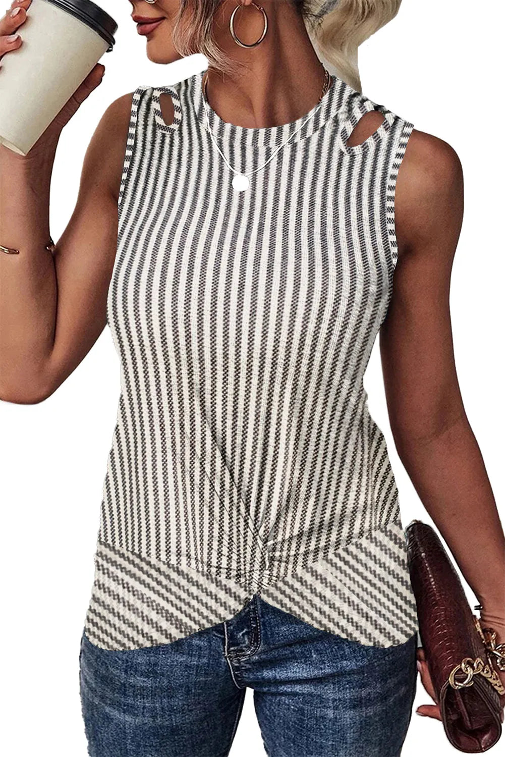 Gray Striped Cutout Twist Front Tank Top - Chic Meadow Boutique 