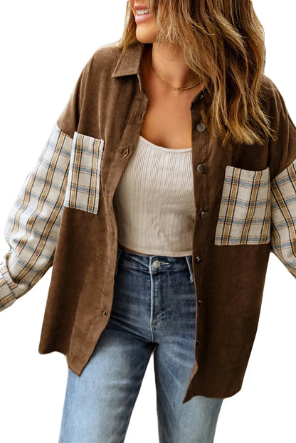 Brown Plaid Patchwork Corduroy Shirt Jacket with Pocket - Chic Meadow Boutique 