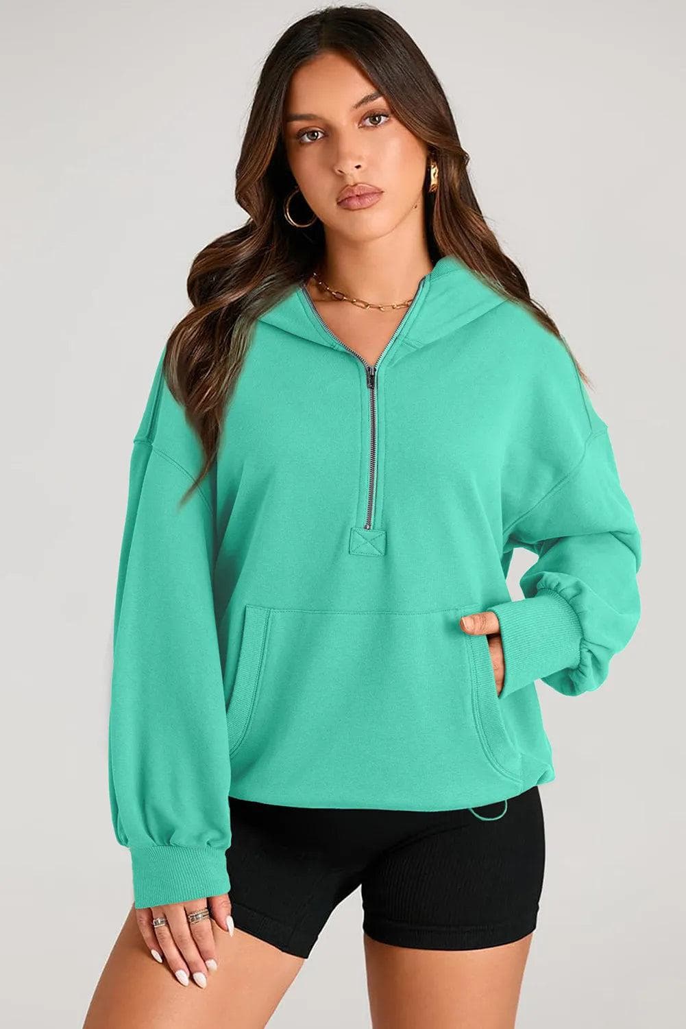 Tops/Sweatshirts & Hoodies Aruba Blue Solid Kangaroo Pocket Half Zipper Oversized Hoodie