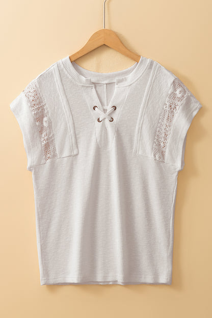 White Ribbed Texture Lace Patchwork Short Sleeve Top