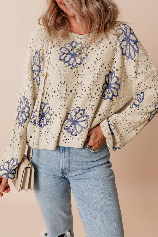 Beige Contrast Flower Print Eyelet Drop Shoulder Sweater - Chic Meadow Boutique 