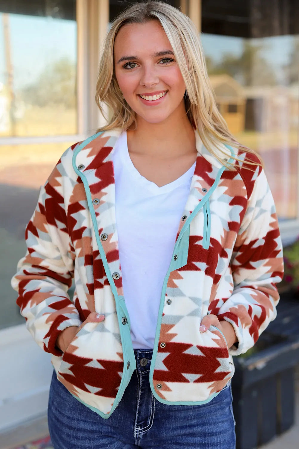 Fiery Red Western Aztec Buttoned Zipper Pockets Fleece Jacket - Chic Meadow Boutique 