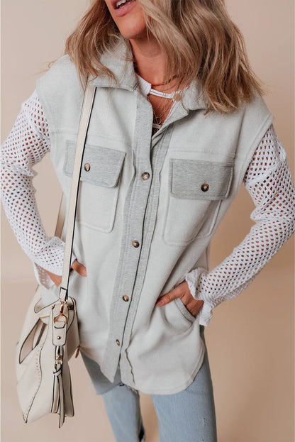 Light Grey Flap Pockets Contrast Buttons Front Jacket Vest - Chic Meadow Boutique 