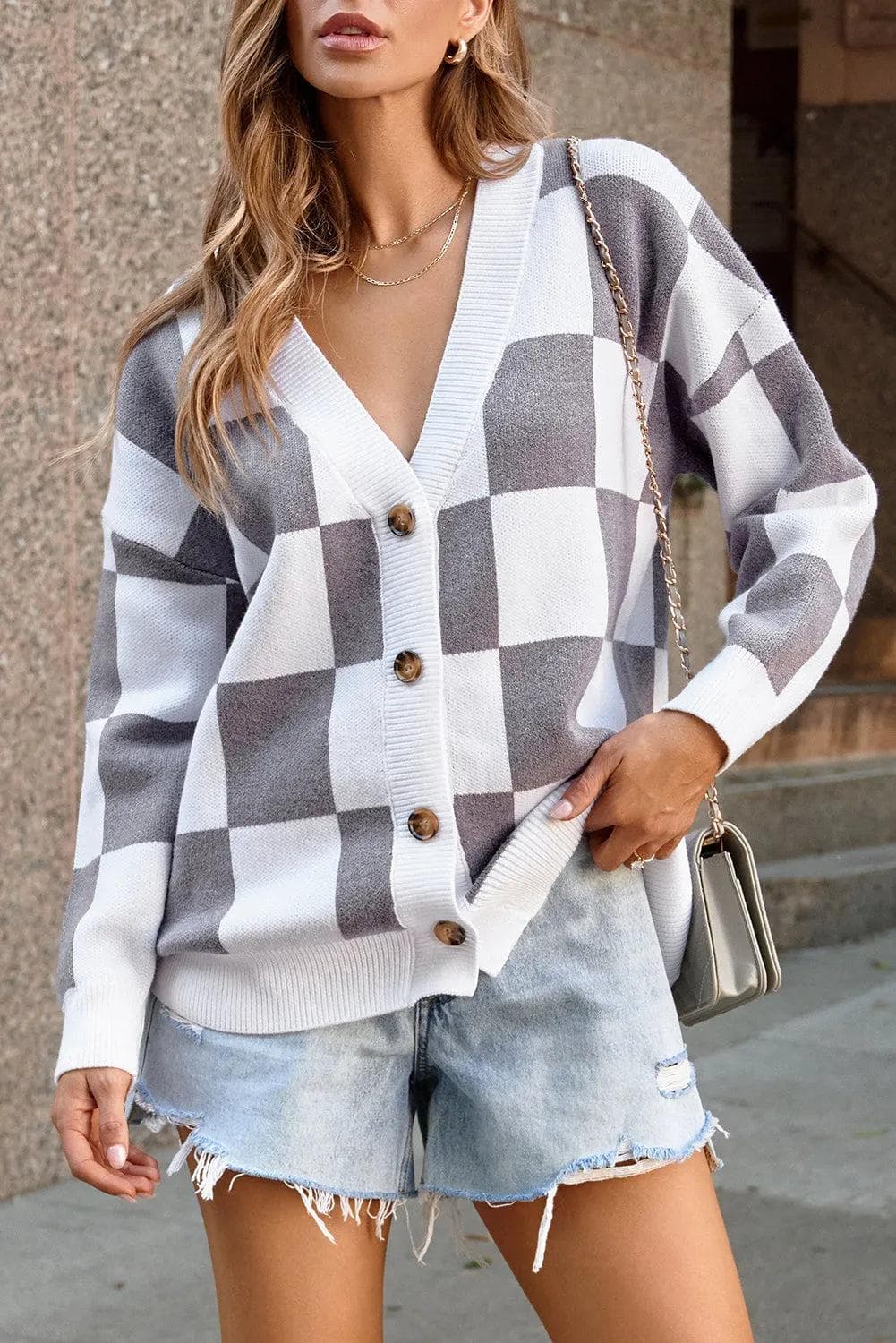 Gray Contrast Checkered Print Button Up Sweater Cardigan - Chic Meadow Boutique 