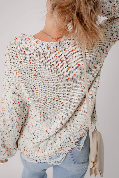 White Colorful Confetti Distressed Knit Sweater - Chic Meadow Boutique 