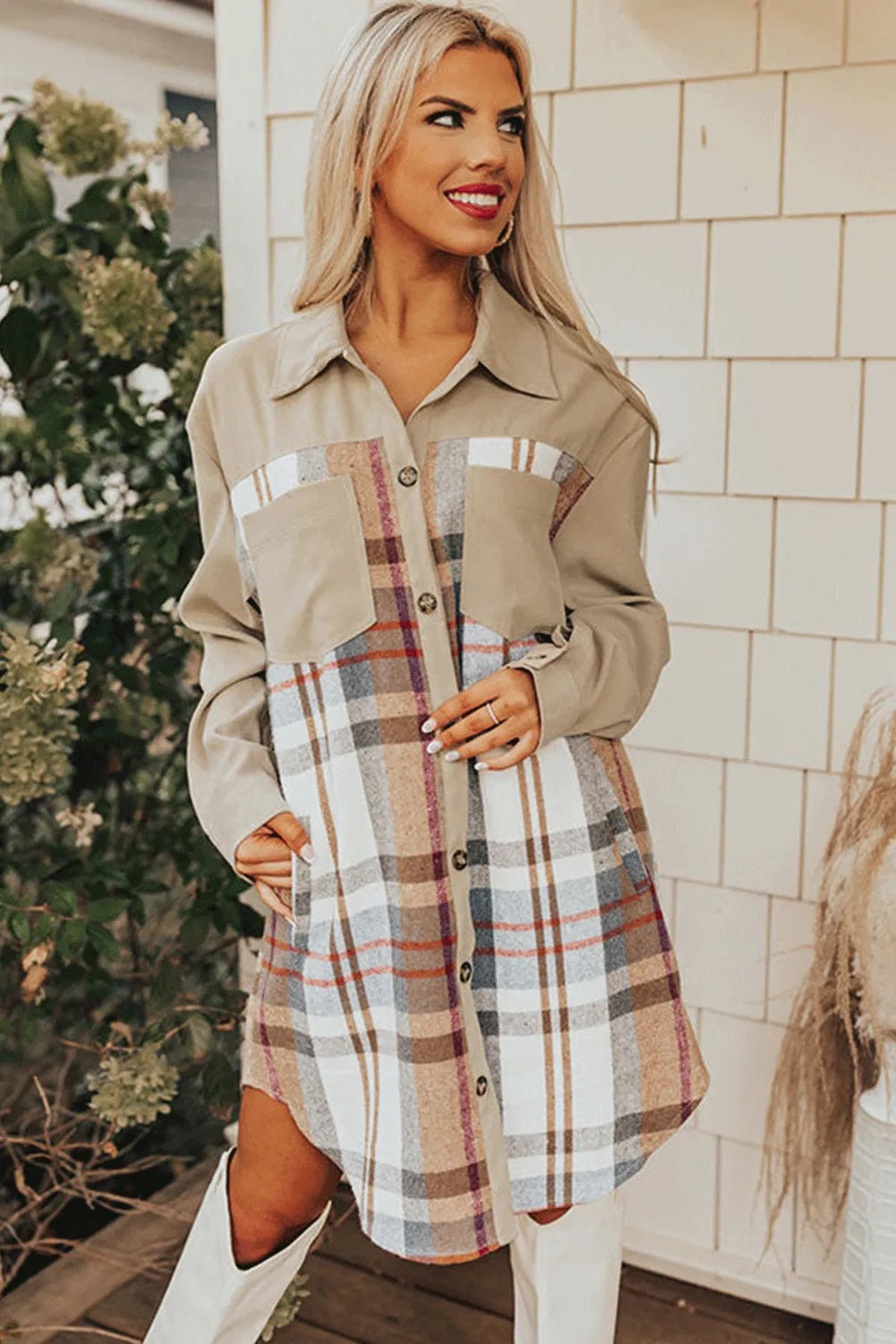 Khaki Plaid Patchwork Long Sleeve Shirt Mini Dress - Chic Meadow Boutique 