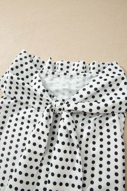 White Polka Dot Off Shoulder Bow Knot Short Sleeve Blouse