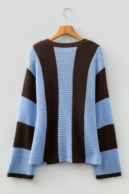 Myosotis Striped Color Block Thermal Textured Knit Drop Shoulder Sweater