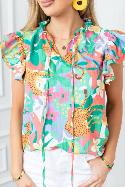 Green Frilly Ruffle Tie Split Neck Summer Floral Blouse - Chic Meadow Boutique 