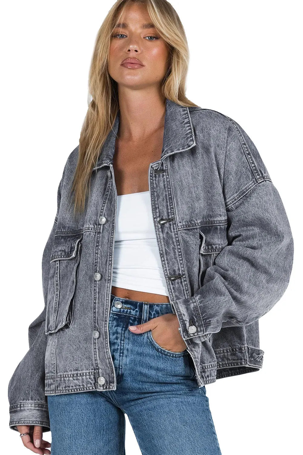 Gray Chest Pockets Drop Shoulder Loose Denim Jacket - Chic Meadow Boutique 