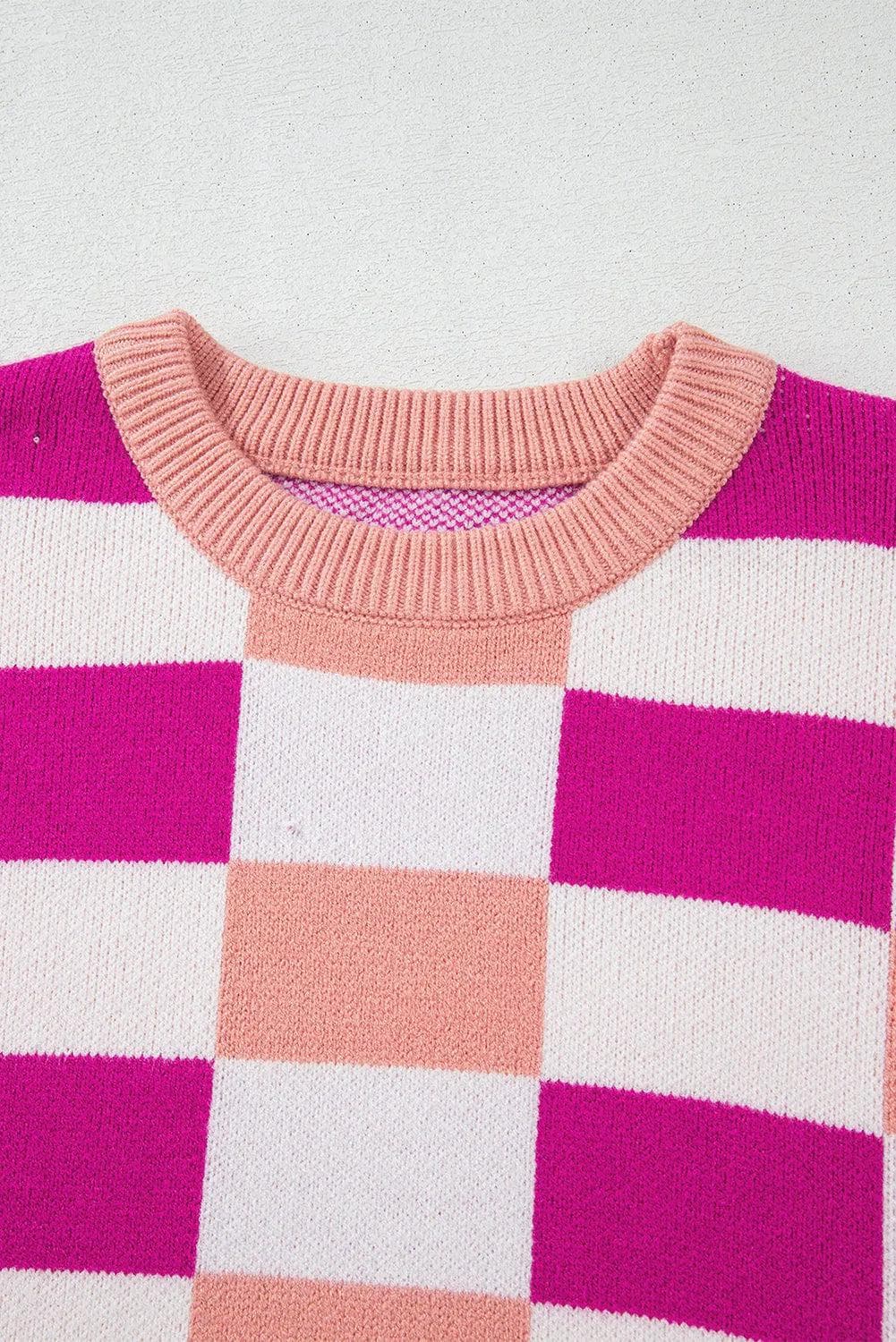 Sweaters & Cardigans/Sweaters Pink Checkered Ribbed Edge O Neck Drop Shoulder Sweater